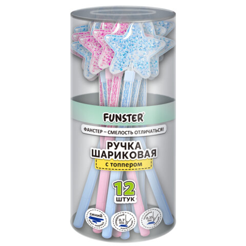 Ручка с топпером с блестками шариковая FUNSTER "MAGIC STAR", СИНЯЯ, ассорти, пишущий узел 0,7 мм, линия письма 0,35 мм, 144379