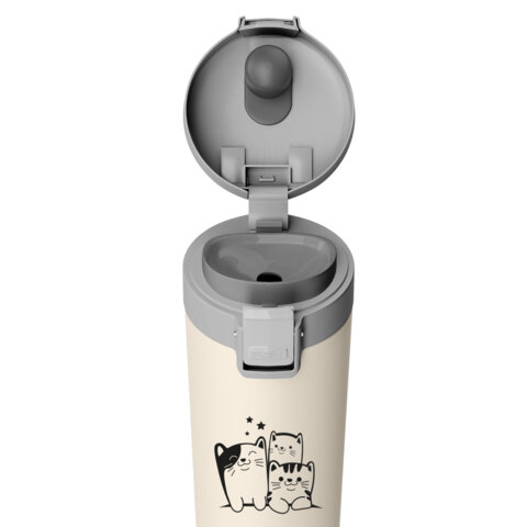 Термокружка 380 мл JOYLUX (ДЖОЙЛЮКС) CLASSIC CAT, нержавеющая сталь SUS304, бежевый с принтом, 700272