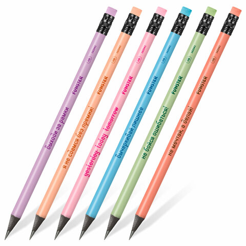 Набор карандашей чернографитных с мотивирующей надписью FUNSTER (ФАНСТЕР) FUNNY NOTES PSTL, 6 штук, HB, с ластиком, 182041