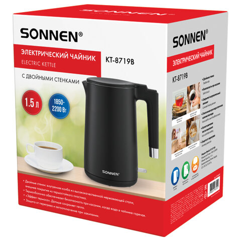 Чайник электрический с двойными стенками SONNEN KT-8719B, 1,5 л, 2200 Вт, черный, 454692