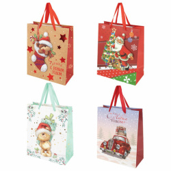 Пакет подарочный НАБОР 4 штуки новогодний 26x32x13 см, "3D Large", ЗОЛОТАЯ СКАЗКА, 592120