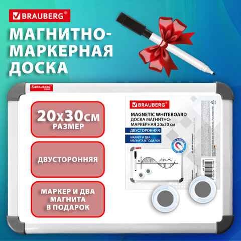 Доска магнитно-маркерная двусторонняя 20x30 см, с маркером и 2 магнитами, BRAUBERG, 238988