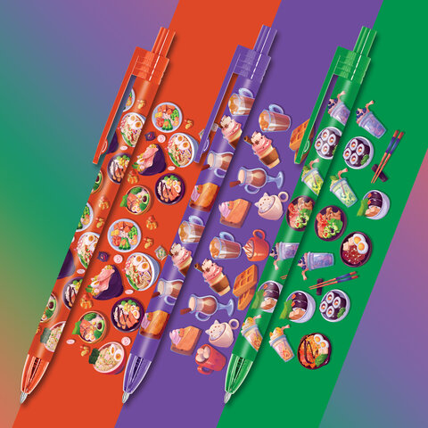 Ручка шариковая автоматическая с принтом FUNSTER "TASTY FOOD", корпус soft-touch, СИНЯЯ, пишущий узел 0,7 мм, линия письма 0,35 мм, 144403