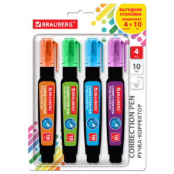 Ручка-корректор 10 мл, ВЫГОДНАЯ УПАКОВКА, КОМПЛЕКТ 4 штуки, BRAUBERG "ULTRA COLOR", металлический наконечник, 274234