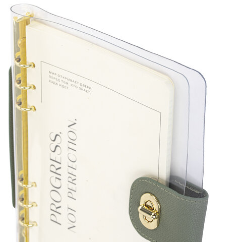 Блокнот А5 180x235 мм, BRAUBERG "Fabulous", гибкий, на кольцах, застежка, 80 л., оливковый, 116195