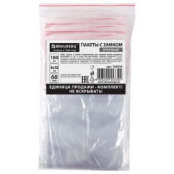 Пакеты ZIP LOCK "зиплок" ПРОЧНЫЕ, комплект 100 шт., 80х120 мм, ПВД, 60 мкм., BRAUBERG, 703076