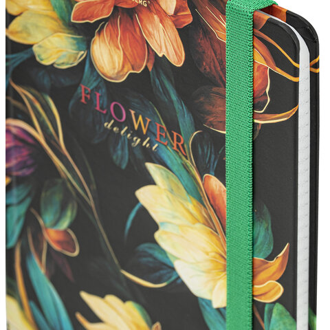 Блокнот с резинкой в клетку 96 л., А5 145х203 мм, твердая обложка с фольгой, BRAUBERG, "Bloom", 115537