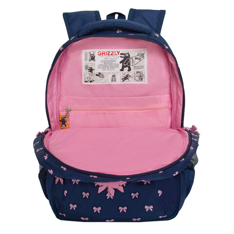 Рюкзак GRIZZLY школьный, анатомическая спинка, 2 отделения, для девочек, "PINK BOWS", 39х30х20 см, RG-568-2/3