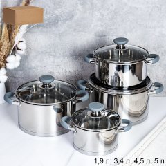 Кастрюля набор 8 предметов 1.9л,3.4л,4.5л,5.8л / LB-S-1931B-8C /уп 1/ индукция/ ручки с силиконом/ Гофрокороб