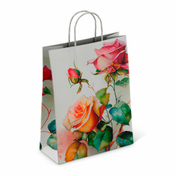 Крафт-пакет бумажный "Розы" 22х12х25 см, с кручеными ручками, плотность 100 г/м2, белый, 114164