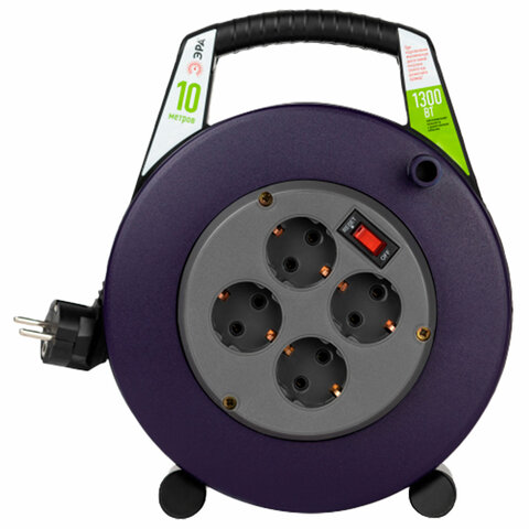 Удлинитель на катушке ЭРА BPx-4e, 4 розетки с заземлением, с выключателем, 10 м, 3x0,75 мм, 1300 Вт, 4e-3x0,75-10m