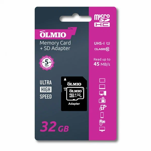 Карта памяти microSDHC 32GB Class 10 UHS-I, c адаптером, OLMIO