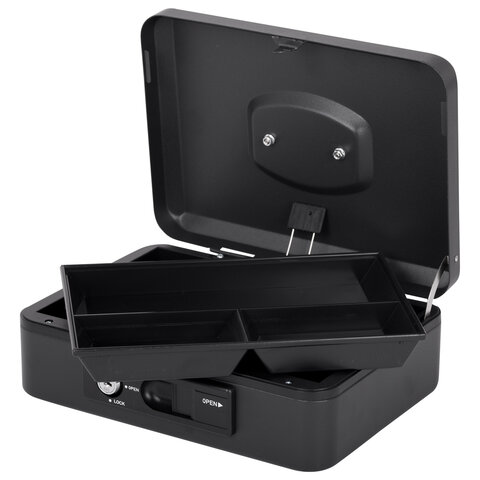 Ящик для денег, ценностей, документов, печатей, 90х180х250 мм, ключевой замок и автолок, черный, BRAUBERG, 291353