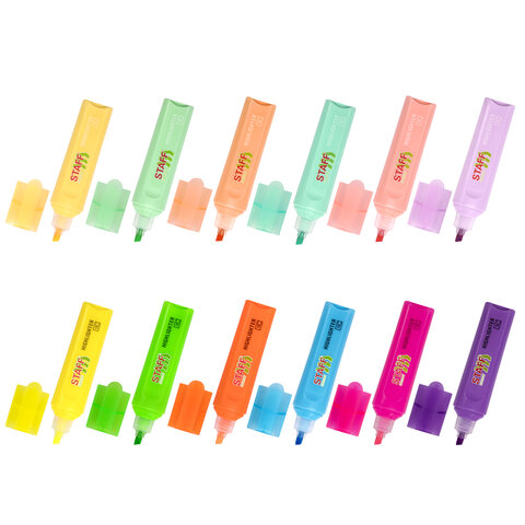 Набор текстовыделителей 12 ЦВЕТОВ, STAFF "EVERYDAY HL-720", 6 неоновых цветов + 6 пастельных цветов, линия 1-5 мм, 152557