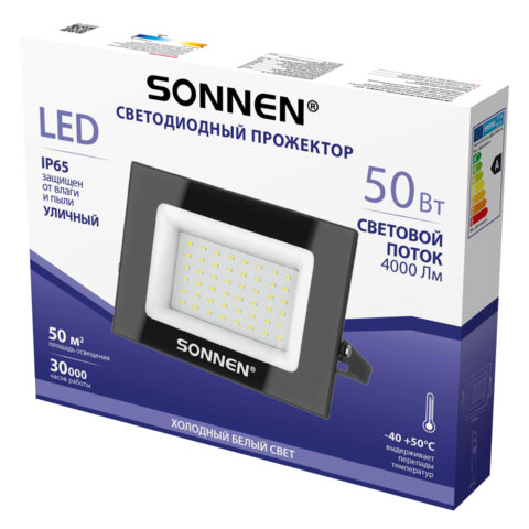 Прожектор светодиодный 50 Вт, 6500 К, 4000 Лм, IP65, 176x123x26 мм, черный, SONNEN, 238414