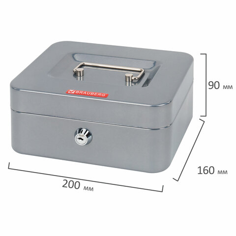 Ящик для денег, ценностей, документов, печатей, 90х160х200 мм, ключевой замок, серебристый, BRAUBERG, 291352