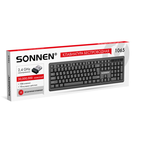 Клавиатура беспроводная бесшумная, USB, 104 клавиши, SONNEN 1065, черная, 513951