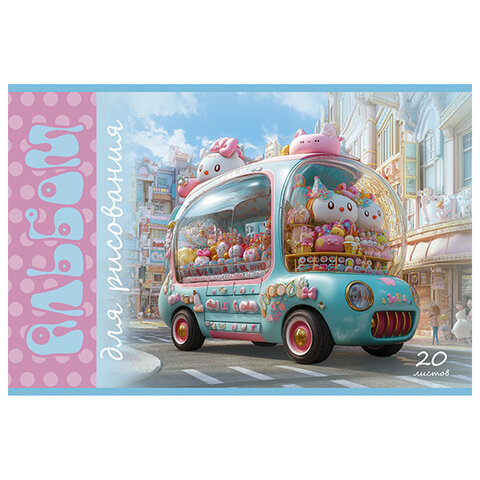 Альбом для рисования А4, 20 л., скоба, TWIN-лак, ПЗБМ, 205x295 мм, "Сладкий автобус" (микс в спайке), 41290