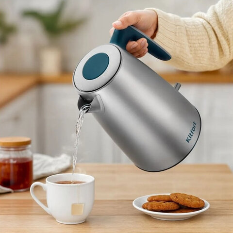 Чайник KITFORT КТ-8725, 1,7л, 2200Вт, закрытый нагревательный элемент, сталь/пластик, серебр./бирюз