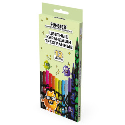 Карандаши цветные FUNSTER (ФАНСТЕР) МОНСТРИКИ, 12 цветов, черный корпус с принтом, трехгранные, 182065