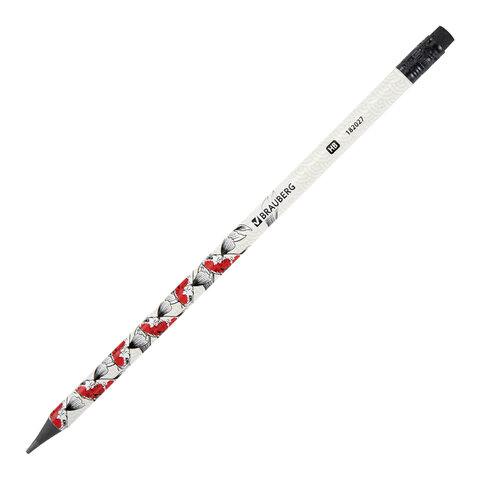 Карандаш чернографитный с принтом BRAUBERG "FISH KOI", 1 шт., HB, с ластиком, корпус ассорти, 182027