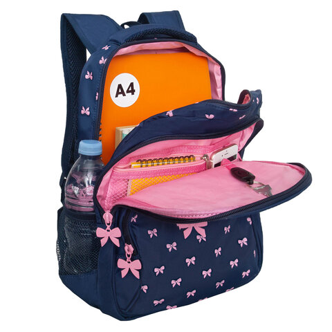 Рюкзак GRIZZLY школьный, анатомическая спинка, 2 отделения, для девочек, "PINK BOWS", 39х30х20 см, RG-568-2/3