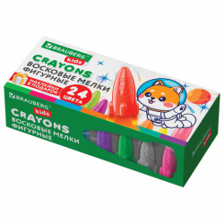 Восковые мелки фигурные BRAUBERG KIDS "РАКЕТА", НАБОР 24 цвета + НАКЛЕЙКИ В ПОДАРОК!, 273083