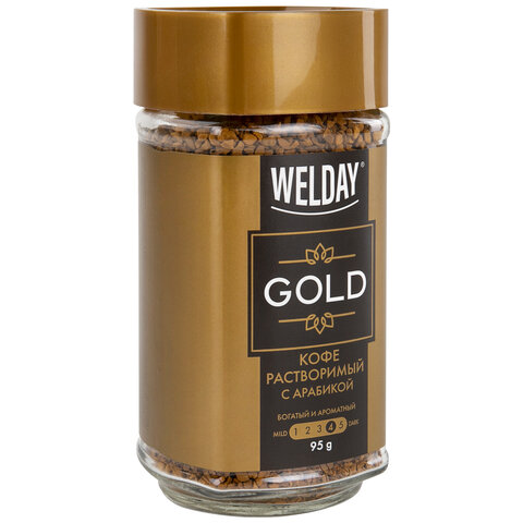 Кофе растворимый WELDAY (ВЭЛДЭЙ) "GOLD" 95 г, стеклянная банка, сублимированный, 622675