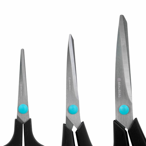 Ножницы BRAUBERG SOFT GRIP, НАБОР 3 штуки (140, 190, 230 мм), эргономичные черно-бирюзовые ручки, ВЫГОДНАЯ УПАКОВКА, 238411