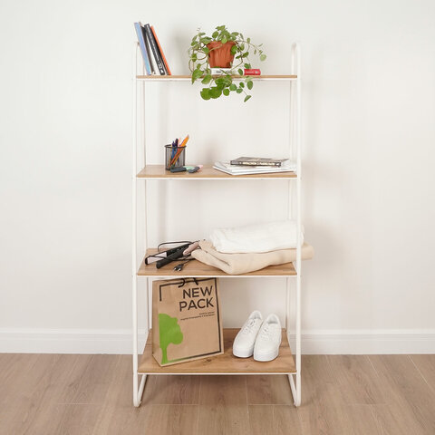 Стеллаж на металлокаркасе "Скандинавия-24", 650х385х1470 мм, 4 полки ЛДСП, белый/дуб, CТCП24 Б