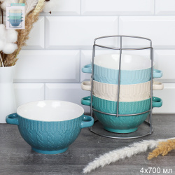 Супница с ручками 4 штуки на подставке / 20058 /уп 6/