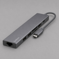 USB Type-C хаб 7-в-1, HDMI, Power Delivery, 2xUSB 3.0, RJ45, microSD/SD, Цвет графит