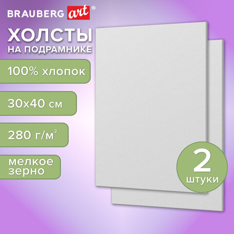 Холсты на подрамнике, набор 2 штуки, BRAUBERG ART BASIC, 30х40 см, 280 г/м2, хлопок, грунт, 192672