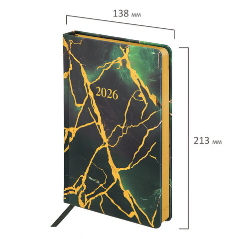 Ежедневник датированный 2026 А5 138x213 мм, BRAUBERG "Vista", под кожу, твердый, "Green marble", 117456