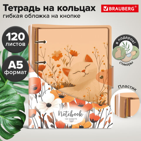 Тетрадь на кольцах А5, 180х220 мм, 120 л., неоновый пластик, клапан, стикеры, BRAUBERG, оранжевый, 405220