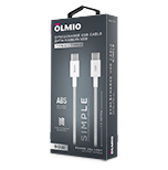 Кабель SIMPLE, Type-C - Type-C, 60W, USB2.0, 1.2м, белый, OLMIO