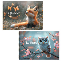 Альбомы для рисования ДЭК, А4, 40 л., КОМПЛЕКТ 2 шт., гребень, обложка картон, BRAUBERG, 200х290 мм, "Лесные друзья", 107746