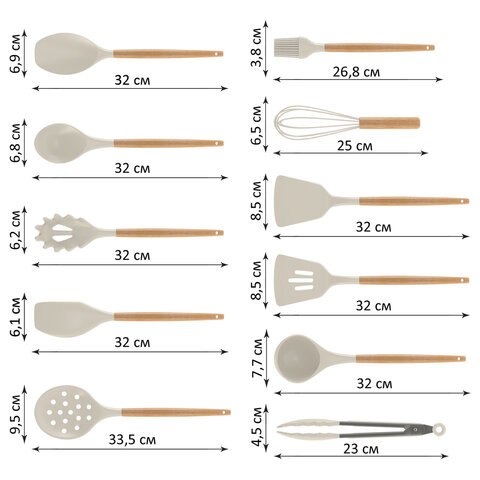 Набор силиконовых кухонных принадлежностей с деревянными ручками 12 в 1, молочный, DASWERK, 608193