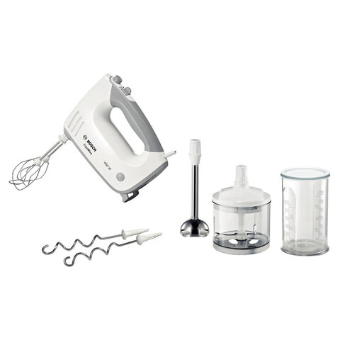 Миксер BOSCH MFQ 36480, 450Вт, 5 скоростей, 6 насадок, стакан, белый, MFQ36480