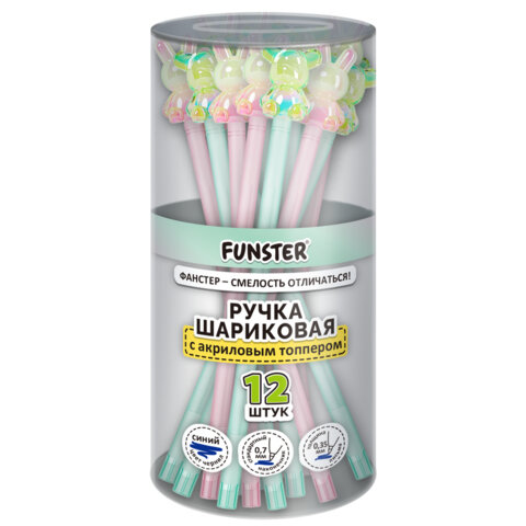 Ручка с акриловым топпером шариковая FUNSTER "BEAR&BUNNY", СИНЯЯ, ассорти, пишущий узел 0,7 мм, линия письма 0,35 мм, 144372