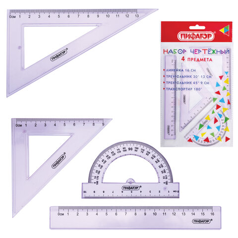Набор чертежный ПИФАГОР (линейка 16 см, 2 треугольника, транспортир), прозрачный, пастельные цвета, ассорти, 210855