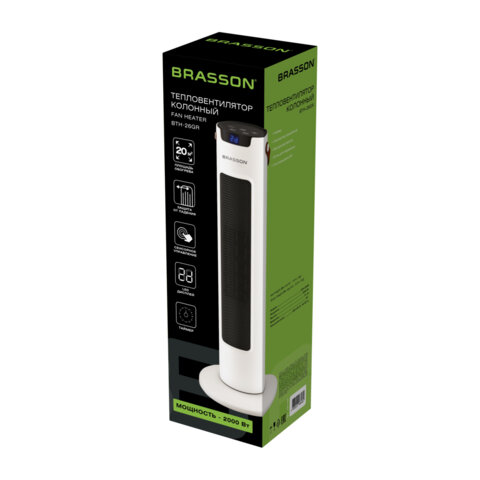 Тепловентилятор колонный керамический BRASSON BTH-26GR, 2000Вт, сенсорное управление, пульт ДУ, 3 режима работы, таймер, 457782