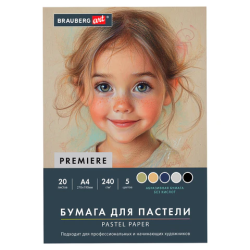 Бумага для пастели АБРАЗИВНАЯ А4 в папке, 20 листов, 5 цветов, 240 г/м2, BRAUBERG ART, 117763