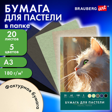 Бумага для пастели БОЛЬШАЯ А3 в папке, 20 листов, 5 цветов, 180 г/м2, BRAUBERG ART CLASSIC, 116346