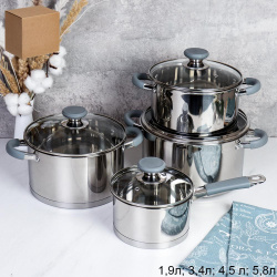 Кастрюля набор 8 предметов 1.9л,3.4л,4.5л,5.8л Евро с ковшом / LB-S-1931B-8B /уп 1/ индукция/ ручки с силиконом/ Гофрокороб/ KISIGA