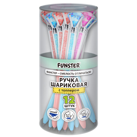 Ручка поворотная с топпером шариковая FUNSTER "SHINE BRIGHT", СИНЯЯ, ассорти, пишущий узел 0,7 мм, линия письма 0,35 мм, 144377