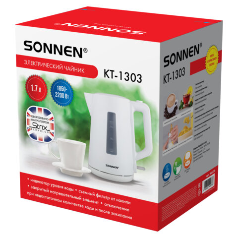 Чайник электрический SONNEN KT-1303, 1,7 л, 2200 Вт, пластик, белый, 456374