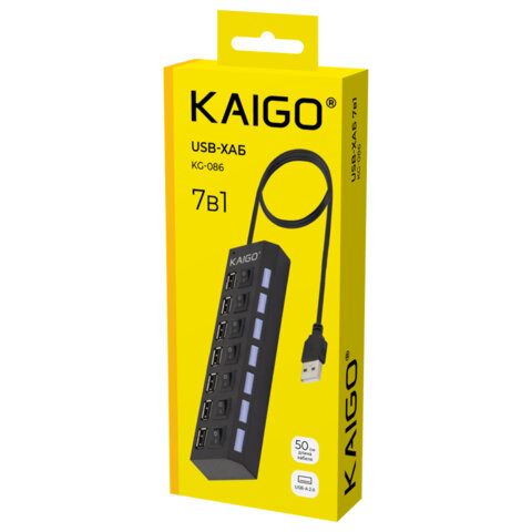 USB-хаб KG-086, USB-A 2.0, 7 в 1, с выключателями и LED-индикаторами, 7 x USB-A 2.0, кабель 50 cм, черный, KAIGO (КАЙГО), 355069