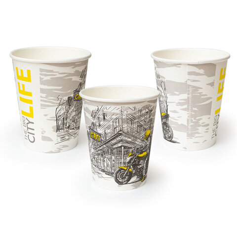 Стакан одноразовый бумажный 250/273 мл, D 80 мм, с печатью "ГОРОД", КОМПЛЕКТ 50 шт., холодное/горячее, WELDAY (ВЭЛДЭЙ), 702695