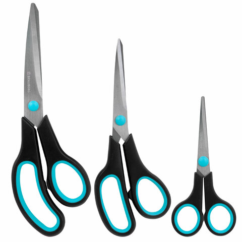 Ножницы BRAUBERG SOFT GRIP, НАБОР 3 штуки (140, 190, 230 мм), эргономичные черно-бирюзовые ручки, ВЫГОДНАЯ УПАКОВКА, 238411